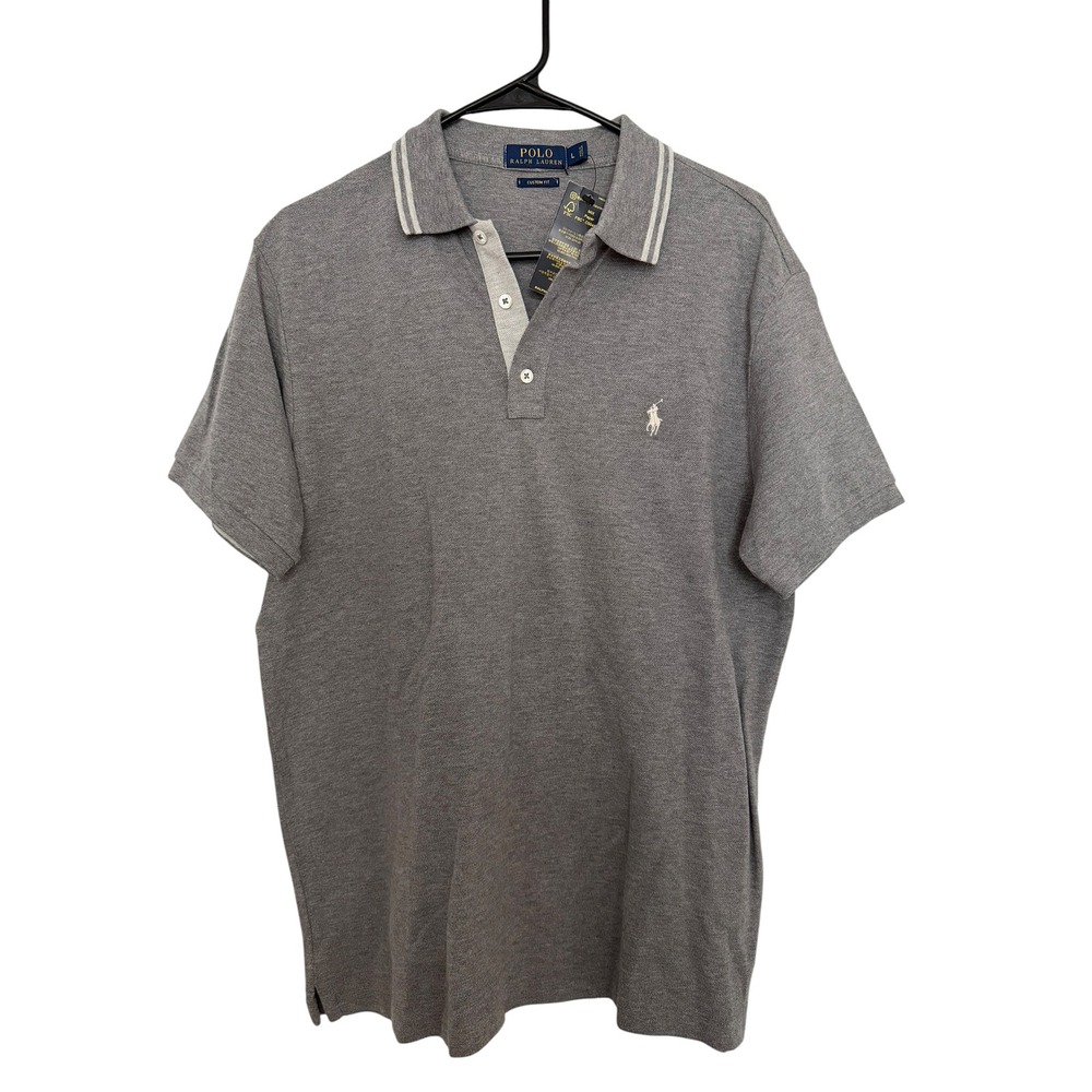 Polo Ralph Lauren Mens Custom Fit Mesh Polo Shirt Gray Striped Collar Large NWT